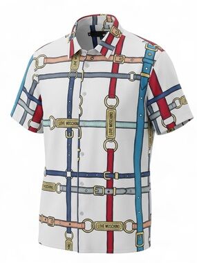 Love Moschino White Short Sleeve Belt-Print Button Down Shirt
